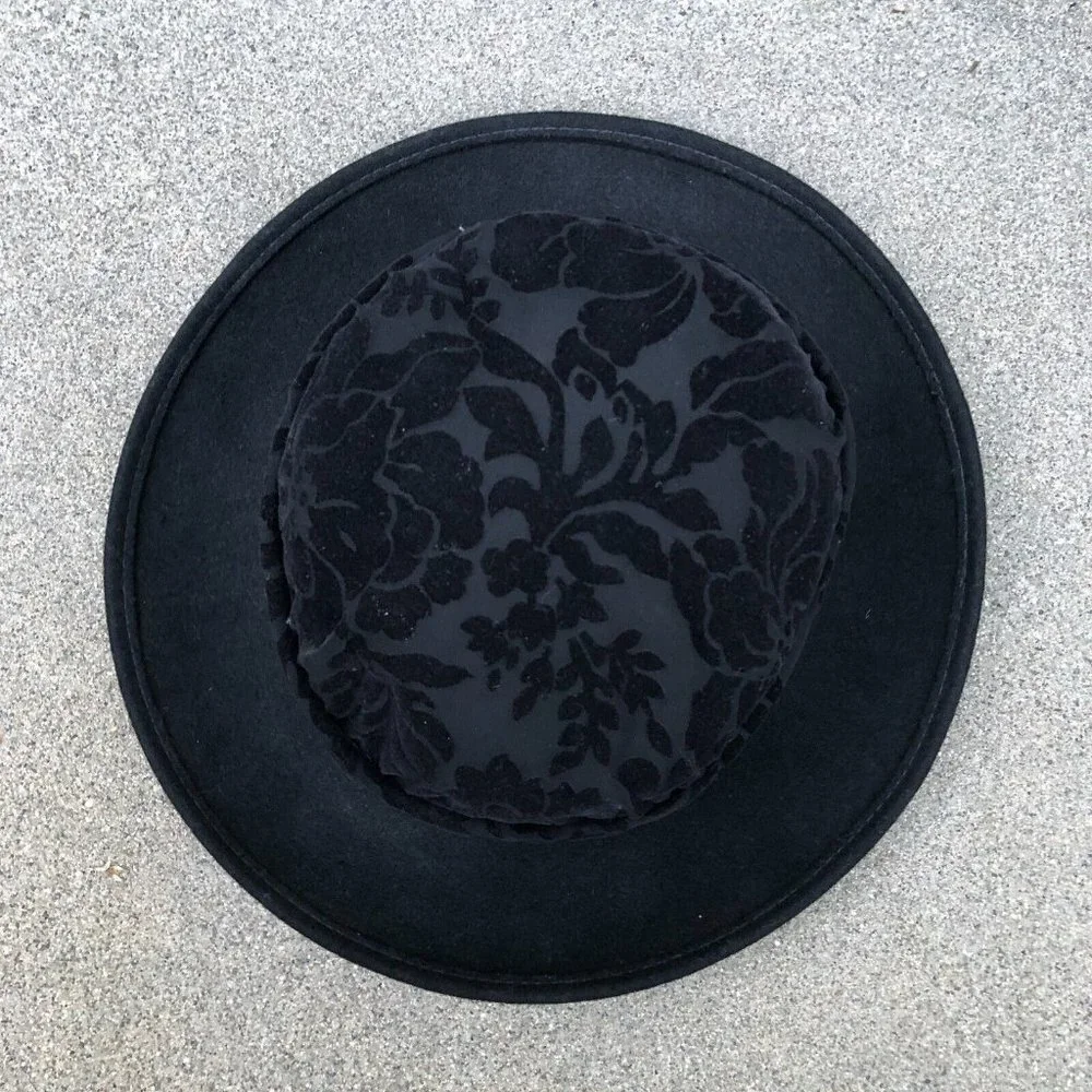 TINA LUXE Commodore Floral Wide Brim Fedora Hat Women's Black 100% Wool Cap‌‌